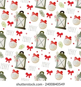 Seamless Christmas pattern. Lamps, red berries, medallions with a red bow and fir branch. New Year's decor. seamless Christmas pattern. Vector illustration.