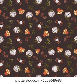 Seamless Christmas pattern. Lamps, red berries
