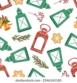 Padrão de Natal perfeito com lanternas, sinos, azevinho, gengibre e elementos de inverno.