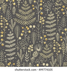 Seamless Christmas pattern with leaves, branches, berries and pine cones. Vector floral illustration with hand-drawn design element and golden foil for Christmas and New Year.