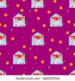 seamless Christmas pattern pattern with a letter to Santa Claus, stars and garland on a bright background. Vector illustration