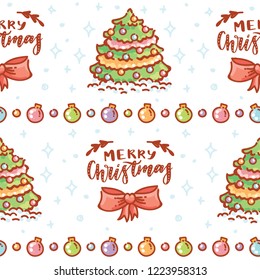 Seamless Christmas pattern with lettering congratulation and decorated tree on white background. Merry Christmas. Cute hand drawn art illustration in cartoon style background texture, tile, wallpaper
