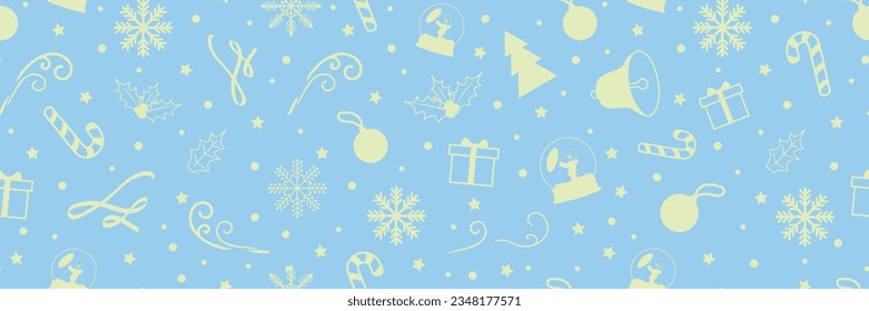 Seamless Christmas Pattern. Light Blue and Yellow illustrations of snow balls, snowflakes, ribbons, gifts, candy cane, snow globes. For prints, wrapping paper, backgrounds, scrapbooking, templates.