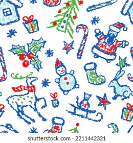 Seamless Christmas pattern like child hand drawing cartoon. Snowman, tree, deer, gift box, snow, santa, hut. Crayon, pastel chalk, pencil kid painting flat funny doodle simple vector stroke