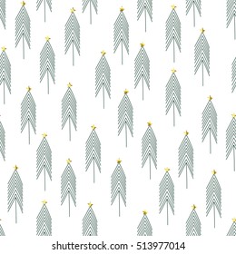 Seamless Christmas pattern with line christmas trees and gold stars on white background.Wrapping paper.