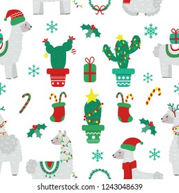 Seamless Christmas pattern with llama alpaca, sock, snowflakes, wreath. Flat cartoon style. Vector illustration.