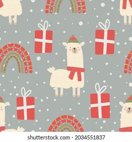 Seamless Christmas pattern with llama, rainbow and gifts Christmas ornament with red and green color, vector illustration Digital paper