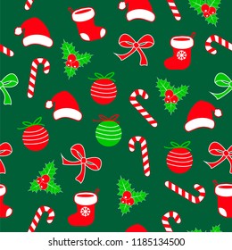 Seamless christmas pattern with lolipop candy, christmas ball, santa claus socks and hat, bow ribbon and holly berries red, white green backgorund. Cute simple flat vector, design for wrapping paper.