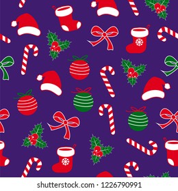 Seamless christmas pattern with lolipop candy, christmas ball, santa claus socks and hat, bow ribbon and holly berries red, white nad green on dark violet background. Cute simple flat vector, design