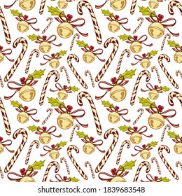 seamless christmas pattern with lollipops and bells on a white background. vector illustration.