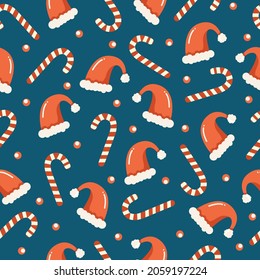 Patrón de Navidad sin inconvenientes con dulces de lollipops y sombreros de santa Claus. Fondo vectorial para papel envolvente, impresión de tela, diseño de tarjetas de felicitación