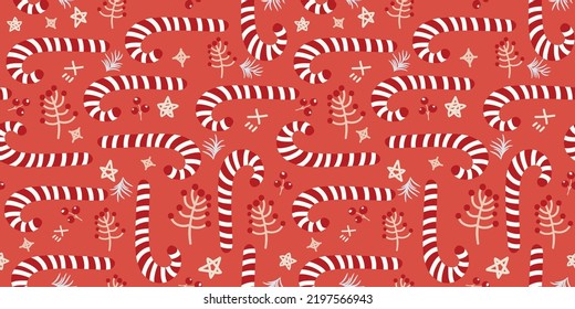 Seamless Christmas pattern with lollipops candy cane, berries, snowflakes in doodle style. Creative print with Christmas sweets on a trendy bright red background, top view. Vector winter holidays