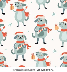 Seamless Christmas pattern with lovely dog wearing Santa hat with bone present. Perfect for holiday Xmas wrapping paper and textiles