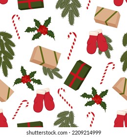 Seamless Christmas pattern, made of gifts, spruce branches,
 sweets, red berries for packaging, textiles, background