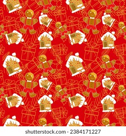 Seamless Christmas pattern of many house cookies, gingerbread, snowflakes and Christmas decorative items, red background.