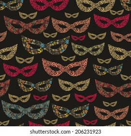 Seamless christmas pattern with masks, on dark background