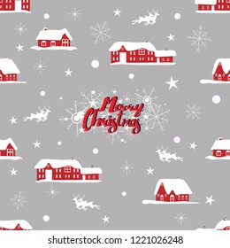 Seamless Christmas pattern with Merry Christmas text, snowflakes, deer, star and house,Vector illustration of winter background, Flat cartoon vector seamless for wall paper or fabric and textile.