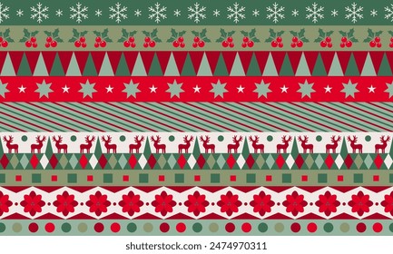 Seamless Christmas pattern. Merry Christmas vintage ethnic seamless pattern decorated with holly berry and red flower, deer and Christmas tree