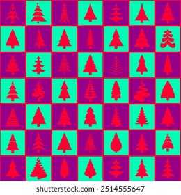 Seamless Christmas pattern. Merry Christmas vintage ethnic seamless pattern decorated with holly berry and red flower, deer and Christmas tree