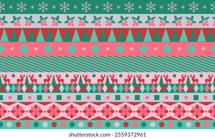 Seamless Christmas pattern. Merry Christmas vintage ethnic seamless pattern decorated with holly berry and red flower, deer and Christmas tree