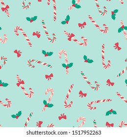 Seamless Christmas pattern with mistletoe, caramel cane, bow in hand drawn style. New year holiday background for fabric, Wallpaper, wrapping paper. Vector illustration