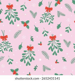 Padrão de Natal perfeito com visco e arcos vermelhos. Gráficos vetoriais.