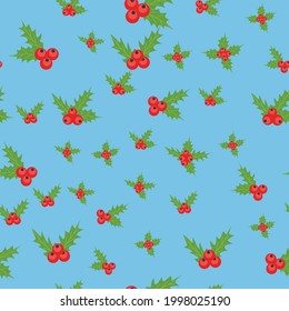Seamless Christmas Pattern with Mistletoe, Spruce Branches, Green Leaves and Berries