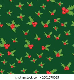 Seamless Christmas Pattern with Mistletoe, Spruce Branches, Green Leaves and Berries