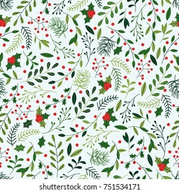 Seamless Christmas Pattern with Mistletoe, Spruce Branches, Green Leaves and Berries. 