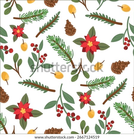 Seamless Christmas Pattern with Mistletoe, Spruce Branches, Green Leaves and Berries.