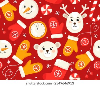 Seamless Christmas pattern with mittens, snowmen, candies, clock, cute bear and deer on a red background. New Year's pattern for wrapping paper, textile, print.