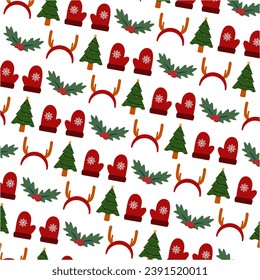 Patrón de Navidad sin inconvenientes con mitones y árboles sobre fondo blanco adecuado para papel de envoltura festivo, tarjetas de felicitación navideña y diseños textiles estacionales. Perfecto para un acogedor toque de temporada.