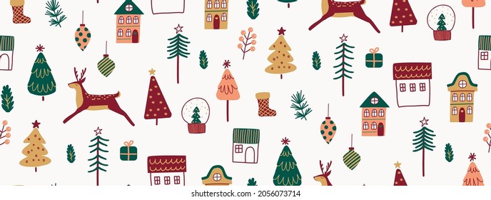 Patrón de Navidad sin inconvenientes. minimalismo boho moderno. Feliz Navidad y Feliz Año Nuevo. Pegatinas de invierno para el diseño. Muchos dibujos. Balón de vidrio con nieve.