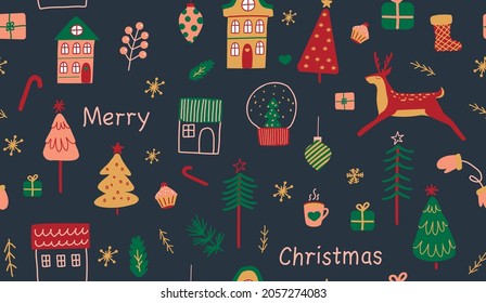 Seamless Christmas pattern. Modern boho minimalism. Merry christmas and a happy new year. Winter stickers for design. Template for use in children's design, textiles, books, packaging.