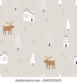 Seamless Christmas Pattern with Moose, Trees and Winter Houses. Background Good for Wrapping paper, Textile, Wallpaper