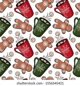 Seamless Christmas pattern with mug with hot drink, marshmallow, gingerbread. Endless texture for fabric, scrapbook or wrapping paper. Cute New year vector pattern. Gingerbread girl, boy. Snowflake