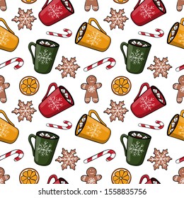 Seamless Christmas pattern with mug with hot drink, marshmallow, gingerbread, orange, candy. Endless texture for fabric, scrapbook or wrapping paper. New year vector pattern on white background.