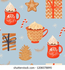 Seamless Christmas pattern with mugs of cacao with whipped cream, gifts, ginger cookie, lollipop and pinecone. Vector illustration for textile, wrapping paper, poster, background, book, t-shirt.
