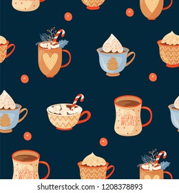 Seamless Christmas pattern with mugs of cacao with whipped cream, marshmallow, lollipop and holly leaves. Vector illustration for textile, postcard, wrapping paper, poster, background, book, t-shirt.