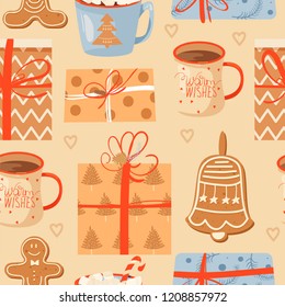Seamless Christmas pattern with mugs of cacao with marshmallow, gifts, ginger cookie and lollipop. Vector illustration for textile, postcard, wrapping paper, poster, background, book, t-shirt.