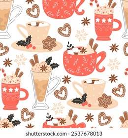 Seamless Christmas pattern of mugs with hot drinks and gingerbread cookies