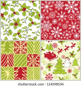 Seamless Christmas pattern. New year backgrounds with snowflake, holly, mistletoe and Santa