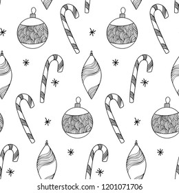 Seamless Christmas pattern, new year, candy and Christmas balls