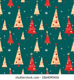 Seamless christmas pattern. New year background for wrapping paper. Doodle christmas trees, stars, snowflakes. Vector illustration on dark green blue background.