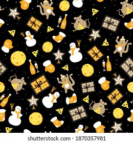 Seamless Christmas pattern. New Year. Vector illustration with symbol of year, mouse, rat, cat, cheese, snowman, snowflakes.