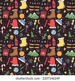 Seamless christmas pattern. New year background. Doodle illustration with christmas and new year icons