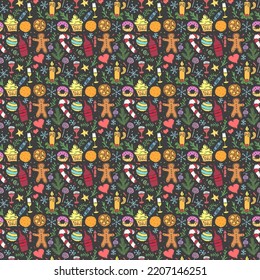 Seamless christmas pattern. New year background. Doodle illustration with christmas and new year icons