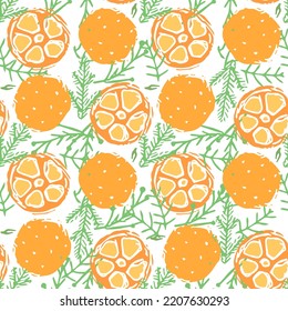 Seamless christmas pattern. New year background. Doodle illustration with christmas tree and orange icons