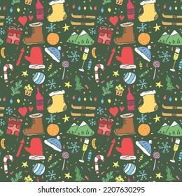 Nahtlose Weihnachtsmuster. Neuer Hintergrund. Dodle-Illustration mit Weihnachten und neuen Jahresbildern
