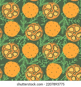 Seamless christmas pattern. New year background. Doodle illustration with christmas tree and orange icons